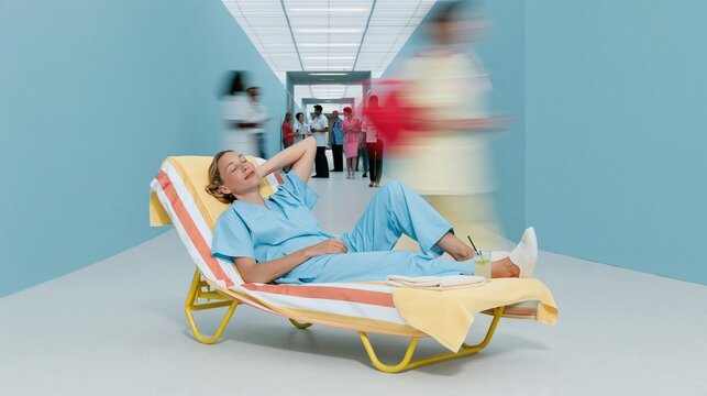 Medical professional in blue scrubs reclining on a striped sun lounger in a busy hospital corridor, ironic scene for burnout and work-life balance