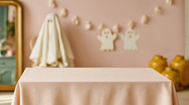 Smooth terracotta table with copy space in a sunlit living room decorated for Halloween with cute ghost costumes and garlands