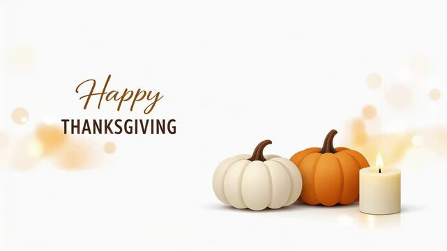 Happy thanksgiving greeting with pumpkins and a lit candle on a soft bokeh background autumn holiday decor and warm seasonal vibe