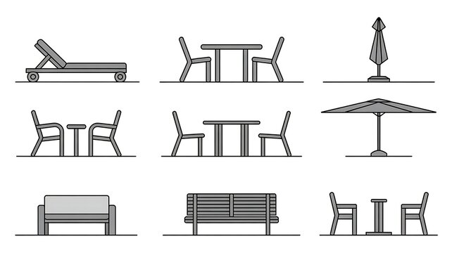 Vector set of garden furniture in elevation view for use in architectural drawings
