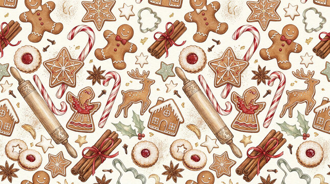 Whimsical gingerbread cookies and candy canes with rolling pins and cinnamon sticks for baking.