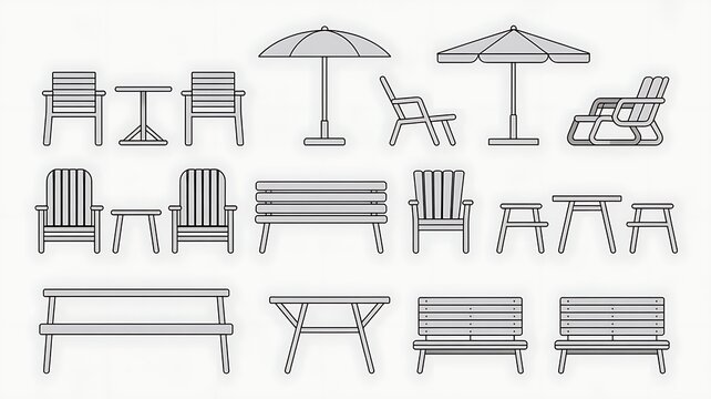 Vector set of garden furniture in elevation view for use in architectural drawings