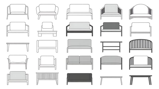 Vector set of garden furniture in elevation view for use in architectural drawings