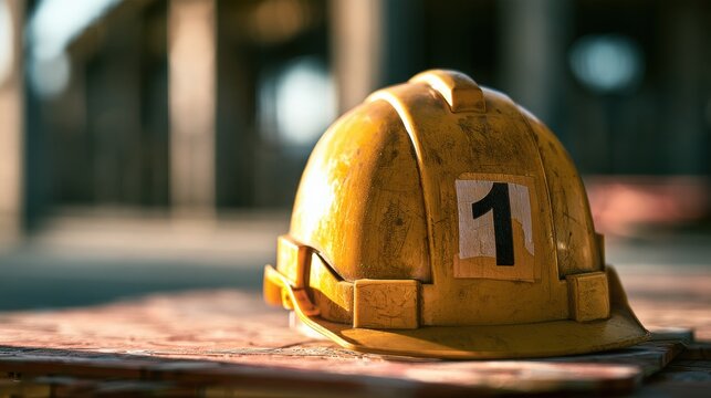 A yellow construction helmet with the number one sits on a table at a construction site. The background is blurred, indicating ongoing work.