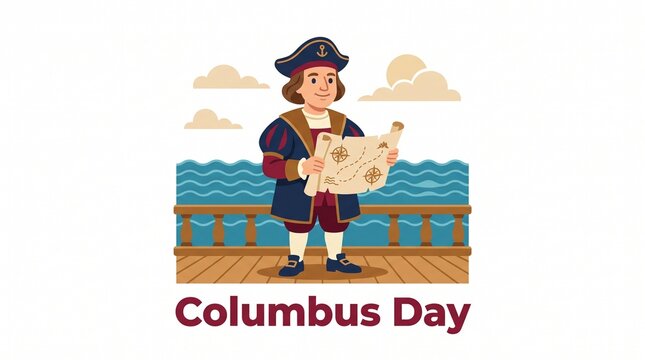 Columbus Day Illustration with Explorer Holding Map on Ship Deck - Col