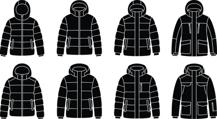 Winter Down Puffer Jacket Technical Vector Flat Sketch Collection for Apparel Design Mockup © Shefaly
