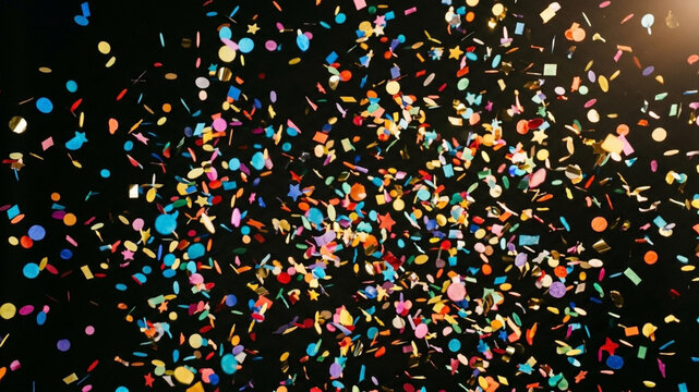 Vibrant multicolored confetti pieces in various shapes falling festive party celebration