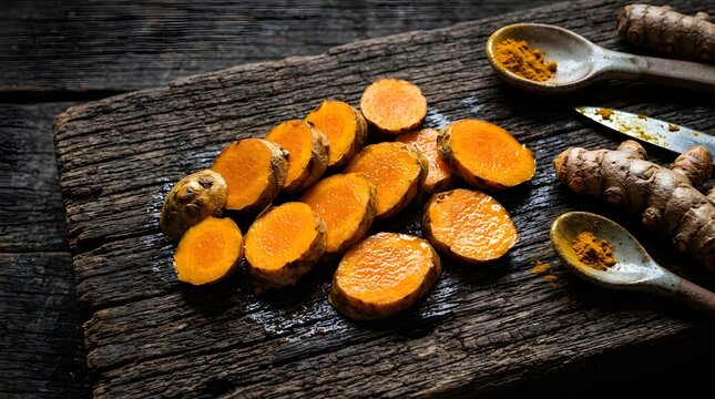 Sliced turmeric roots and powder on rustic wooden board for culinary use.