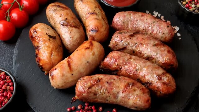 Grilled chicken or pork sausages seasoned with salt and spices. Grilled sausages as a food background for your design