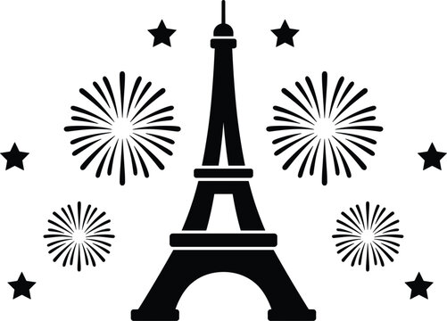  eiffel tower paris france fireworks stars celebration silhouette icon vector illustration isolated white background