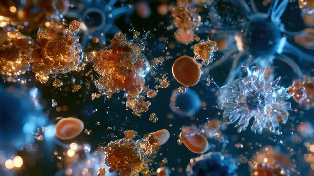 The scene shows diverse components of the gut microbiome influencing immune cell activity and responses relevant to cancer treatment.