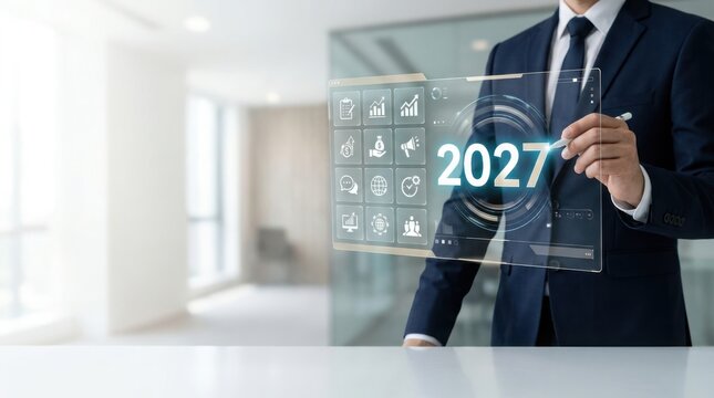 Businessman interacting with transparent 2027 screen
