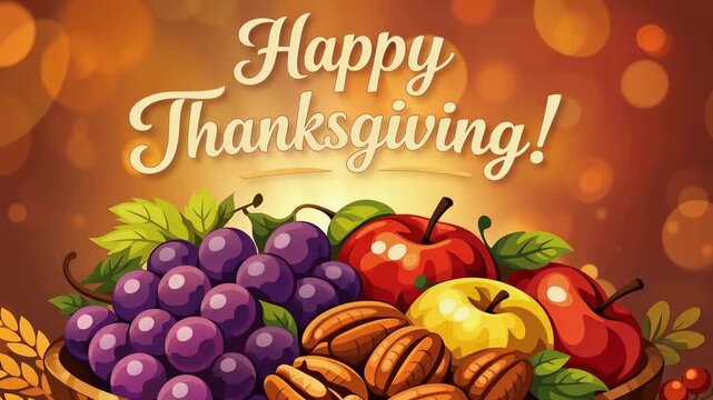 Happy thanksgiving greeting with a wooden bowl overflowing with grapes, apples and pecans against warm bokeh lights autumn harvest illustration