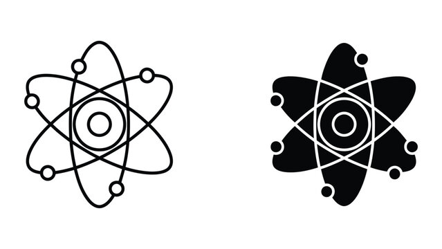 Atomic structure icon set in flat vector line art and solid black silhouette design