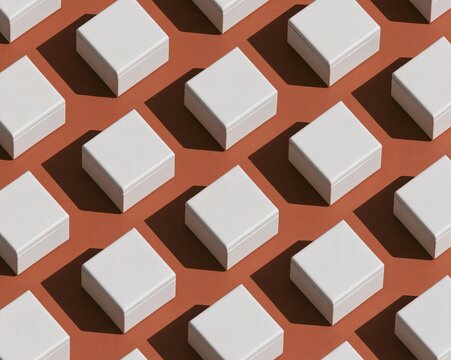 Foldable clamshell phones in sand-grey arranged in a repetitive pattern on a clay background, a clean blank mockup for technology and design