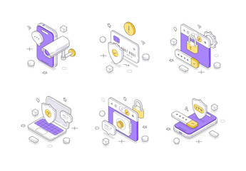 Obraz premium Isometric vector illustration of cybersecurity icons. Collection for online privacy, secure payments, VPN access, and data protection. Perfect for modern web design and security application interfaces