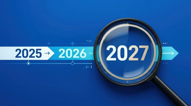 Magnifying glass focusing on year 2027 on blue timeline