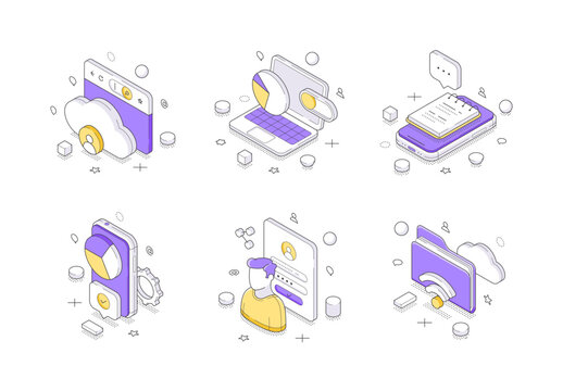 Isometric vector illustration of data management icons. Collection for cloud storage, web development, user login, and mobile analytics. Modern design for app interfaces and business presentations