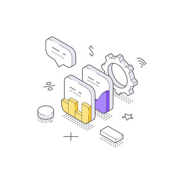 Isometric vector illustration of financial management. Settings gear with charts and money symbols for business process automation. Concept for fintech, investment and economic strategy