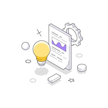 Isometric vector illustration of a business idea. Lightbulb with a document and gear for data analysis and strategy development. Concept for innovation, startup and market research solution
