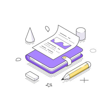 Isometric vector illustration of a creative process. Organizer with a business report document for data analysis and project planning. Concept for office work, study and scheduling