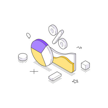Isometric vector illustration of data analysis. Infographic elements like a pie chart and graph for business reports and financial statistics. A modern concept for data visualization and analytics