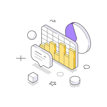 An abstract isometric vector illustration of a data dashboard. Bar and pie charts for business analytics and financial reporting. A modern line art concept for data visualization and statistics