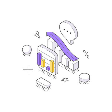 A creative isometric vector illustration showing financial growth. A rising arrow over a chart symbolizes success, progress, and increasing profits. A minimalist business analytics line art graphic