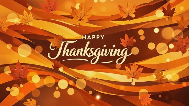 Warm abstract thanksgiving greeting with flowing orange and gold waves, falling maple leaves and soft bokeh lights. festive holiday background artwork.
