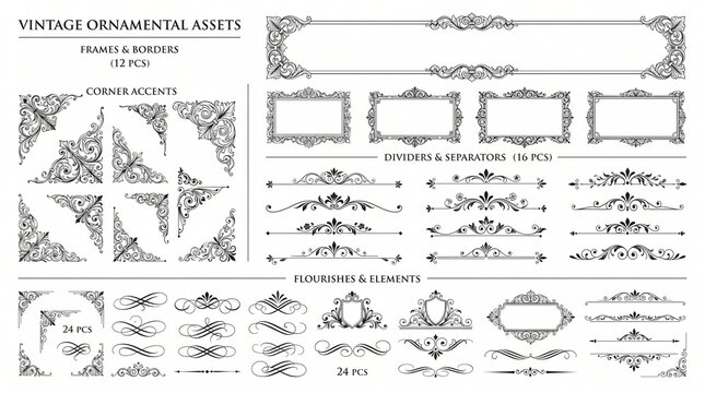Vintage ornamental asset collection featuring intricate hand drawn frames borders corner accents dividers and flourishes designed in a classic black and white elegant vector style