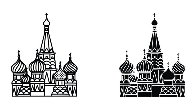 Saint Basil Cathedral landmark icon in outline and solid black vector graphic style