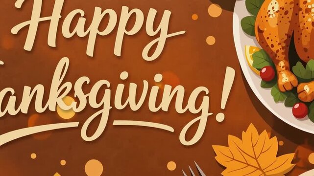 Warm illustrated thanksgiving table scene with roasted turkey, pumpkin pie, mashed potatoes and autumn leaves, gentle rightward pan and subtle zoom