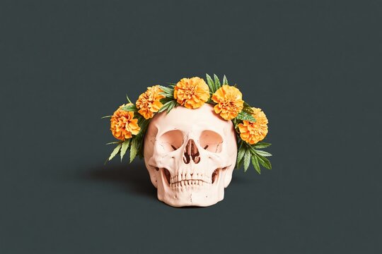 Human skull wearing a marigold crown of bright yellow flowers and green leaves on a dark background for remembrance and seasonal decor