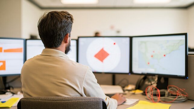Aerial targets on a circular radar display being monitored by a service analyst in a dim control room, for defense and surveillance concepts