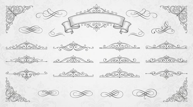 Ornate vintage scrollwork elements featuring detailed flourishes borders corners and a central banner design isolated on a soft textured light gray background for elegant project decorations.