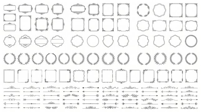 Ornamental vintage frames and decorative dividers collection featuring intricate scrollwork flourish borders and classic line art elements isolated on a plain clean white background surface