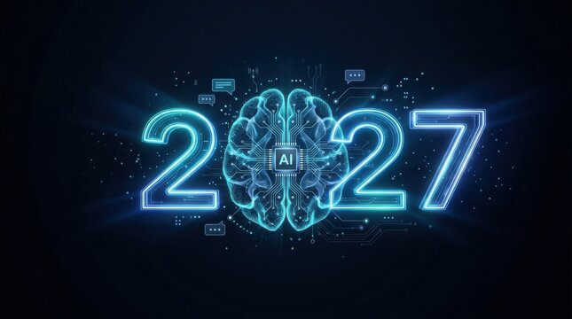 Artificial intelligence digital brain concept with year 2027