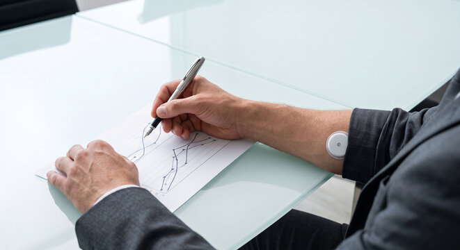 Faceless corporate professional in grey suit wearing continuous glucose monitor patch on forearm drawing financial charts on paper at glass desk