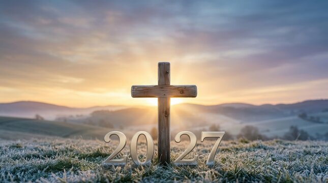 Wooden cross on hill landscape at sunrise with year 2027