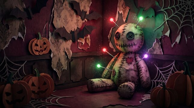 Stitched voodoo doll sitting with pumpkins and bats