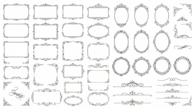 Elegant vintage frame collection featuring intricate floral borders and decorative flourishes in black lines arranged on a white background for professional stationery design and artistic projects