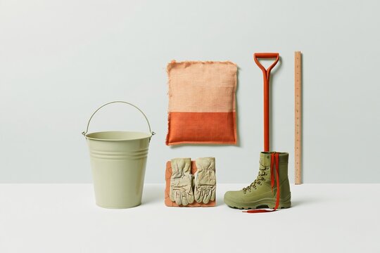 Galvanised steel water bucket and weathered farm tools arranged in a row against a pale grey background for climate and weather concepts