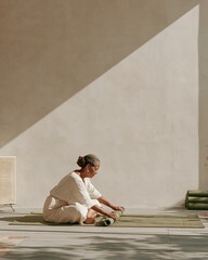Fototapeta premium Muted cream wall with copy space and a senior Black woman unrolling a green yoga mat on a slate grey deck for a wellness festival