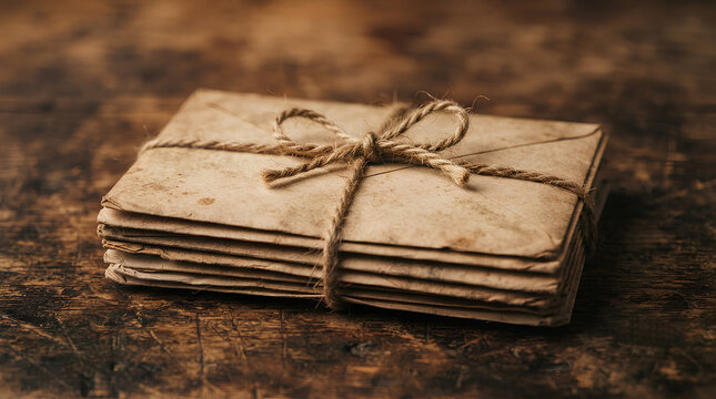 A stack of vintage old letters and handwritten correspondence wrapped securely with twine string, tied in a neat bow, resting on a rustic weathered wooden table