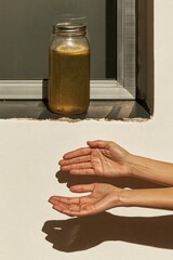 Obraz premium Glass jar of herbal remedy with cloudy liquid and sediment sitting on a window sill, with open hands waiting below for home remedies and health