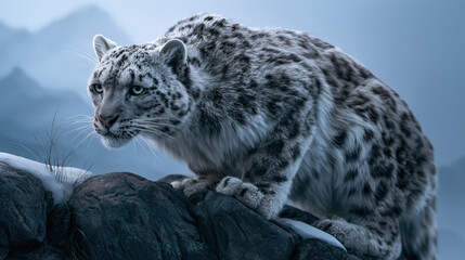 Obraz premium Majestic Snow Leopard with Thick Fur Blending with Snow on a Rocky Cliff Under Cold Atmospheric Lighting