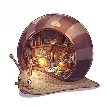 AI-generated whimsical 3D-style fantasy illustration of a giant snail carrying a warmly illuminated miniature craft workshop built inside its hollow shell.