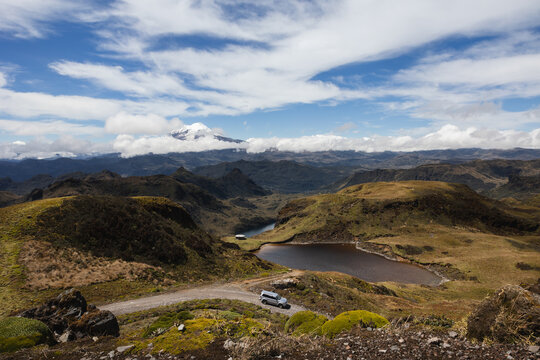 Landscape of Cayambe-Coca Ecological Reserve with Andean p&aacute;ramo lakes and mountain scenery in Ecuador