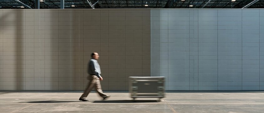 Midterm elections themed background with a blurred man pushing a flight case across a clean, pale warehouse wall for copy space
