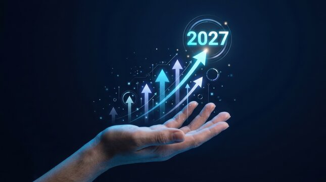 Hand holding holographic rising arrows and year 2027